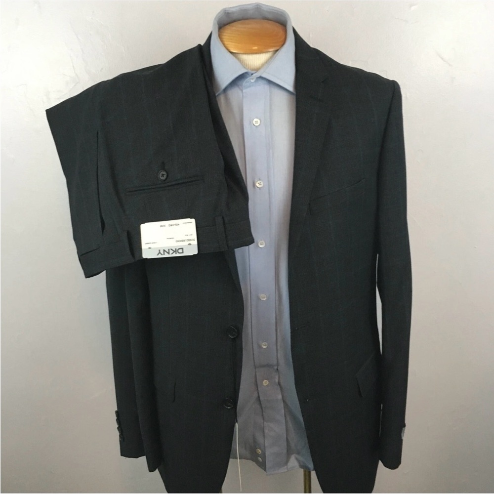 Dkny 40L mens suit charcoal checks blue slim fit 100% wool 2 piece new ea0095